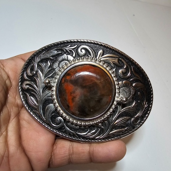 Other - Western Style Agate Stone Silver Tone Belt Buckle Floral Pattern Oval Shaped 4in